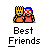Pixel art of two figures with golden spiky hair and blue headbands, wearing red shirts, standing side-by-side with text "Best Friends" below.
