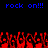 Blue pixelated text "rock on!!!" appears twice at the top of a black background, with red pixelated hands raised below.