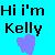 Pixelated text reads 'Hi I'm Kelly' above a purple heart symbol on cyan background.