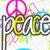 A colorful digital artwork featuring a peace symbol, the word 'peace', and a yellow smiley face with a blue halo.