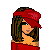 Pixel art contact sheet showing two frames of a female character with red headband, red crop top, and flared jeans alongside the text "Pimp" in red stylized font.