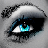 A close-up of a single eye with blue irises, black eyeliner, and white eyeshadow in grayscale tones.