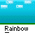 Pixel art character with white face and black eyes changes clothing colors across frames, standing on green ground with blue background and repeated 'Rainbow' text below.
