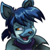 Pixelated blue-skinned character with dark blue hair, large ears, and a purple scarf, smiling with visible teeth and a pink tongue.