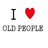 Black 'I' character, red heart symbol, and gray text reading 'OLD PEOPLE' on white background in pixelated style.