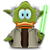 Pixelated green character with large blue eyes, orange beak-like mouth, and brown staff holding a glowing green lightsaber against gray background.