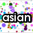 Pixelated icon with text 'asian' over colorful dots, transitioning to 'say' on a patterned background of green and pink circles.