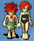 Two pixelated characters with red spiky hair stand side-by-side against a blue background, one in a green skirt and the other in a black swimsuit.