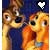 Pixelated image of two cartoon characters with large eyes and orange-yellow skin tones, one holding a white heart symbol against a dark blue background.