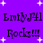 Purple background with white starbursts; repeated pixelated text 'EmityJ4l' and 'Rocks!!!' in black, arranged in a pattern