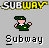 Pixel art image of a character in green uniform with yellow accents, above and below text reading 'Subway' in blocky font on gray background.