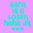 Pixelated cyan text on purple background with yellow horizontal bars, displaying 'sara is a loser haha JK' and three hearts.
