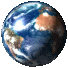 A spherical Earth model rotates through multiple views showing continents, oceans, and cloud patterns in blue, brown, and white hues.