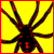Static pixel art of a dark spider with red accents on a bright yellow background, framed by a red border.