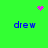 Green background with four blue 'drew' texts arranged in a , pink heart at top center, and pink dot clusters at top right and center