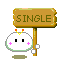 Four animated frames of a pixel art buddy icon showing a white cloud-like character with pink cheeks and orange antennae holding a wooden sign that reads SINGLE.