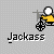 Pixelated animation of a yellow figure riding a bicycle with black wheels, white circular head, and white text 'Jackass' below, showing sequential motion changes.