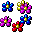 Pixelated flower-shaped icons in blue, pink, red, and yellow arranged in a on a gray background