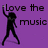 Pixelated purple background with black text reading 'Love the music' and a black silhouette of a person dancing with one arm raised holding a small light object.