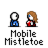 Animated contact sheet of 16 pixel art frames showing two characters interacting in various poses with a gray background and "Mobile Mistletoe" text below each frame.