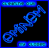 Blue-toned split-screen image with neon text on left and person in hooded jacket on right.