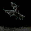 Pixelated bat-like creature in multiple flight poses against black background with gray ground strip.