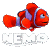 A pixelated cartoon clownfish with orange and white stripes, blue eyes, and purple accents on a gray background, next to green text reading "Original Icons .com" on a dark green background.