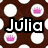 Pixelated icon with brown polka dots, pink crowns, and text 'Julia Loves Camp' over a campfire scene.