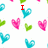 Pixelated heart shapes in blue, pink, and green on white background with red text "I" and "LOVE" visible.
