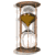 Animated hourglass with brown wooden frame and golden sand flowing between glass bulbs, shown in multiple states from full top to empty bottom.