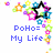 Pixelated icon with colorful star-shaped border and blue text reading 'PoHo= My Life' on white background.