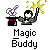 Pixel art contact sheet showing two identical animated frames of a magician-themed buddy icon with text and website promotion on gray background.