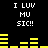 Black background with white pixelated text "I LUV MU SIC!!" repeated in four quadrants and yellow horizontal bar graphs below each text block.