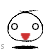 Pixelated cartoon face with black outline, two circular eyes, red inverted triangle mouth, and small curved line above head.