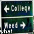 A 2x2 contact sheet of four animated frames showing a road sign with 'College' left arrow and 'Weed' right arrow, where the word 'what', 'a', or 'decision' appears below in different frames.