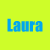 Two pixelated text instances of 'Laura' on a bright yellow background, one blue and one red with brown outlines.