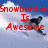 Pixelated image with red text 'Snowboarding Is Awesome' over a blue sky and white cloud background featuring a snowboarder in mid-air.