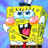 Pixelated yellow sponge character with blue eyes, pink cheeks, and a red tie, waving against a blue gradient background.