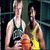 Two pixelated figures in athletic wear stand side-by-side against a dark background with teal accents.