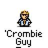 Pixel art contact sheet of six animated frames showing a character named 'Crombie Guy' with changing speech bubbles and facial expressions against a gray background.