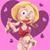 Pixelated cartoon character with blonde hair and red bikini top against pink background with purple swirls.