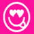 A pink square icon with a white smiley face outline containing two heart-shaped eyes and a curved mouth, with a small heart on the right side of the mouth.