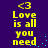 Yellow pixelated text on dark purple background with blue dots, displaying 'Love is all you need' and '<3' symbols in multiple
