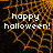 Pixelated orange spiderweb background with white text reading 'happy halloween!' in four