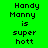 Pixelated text "Handy Manny is super hott" displayed in four quadrants with varying background colors.