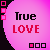 A pink heart-shaped icon with 'True LOVE' text, featuring pixelated squares in black and pink along the edges.