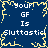 Blue background with yellow pixelated border and white text reading "Your GF Is Sluttastic!" repeated twice in a