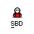 Animated contact sheet of a pixel art buddy icon with multiple frames showing different poses and speech bubbles, all featuring the same character in red clothing against a gray background.