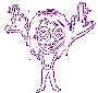 Six of a stylized character with large eyes and messy hair, rendered in purple on gray background, showing arm movements