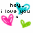 Pixelated text and heart shapes in cyan, pink, green on white background with small light speckles.